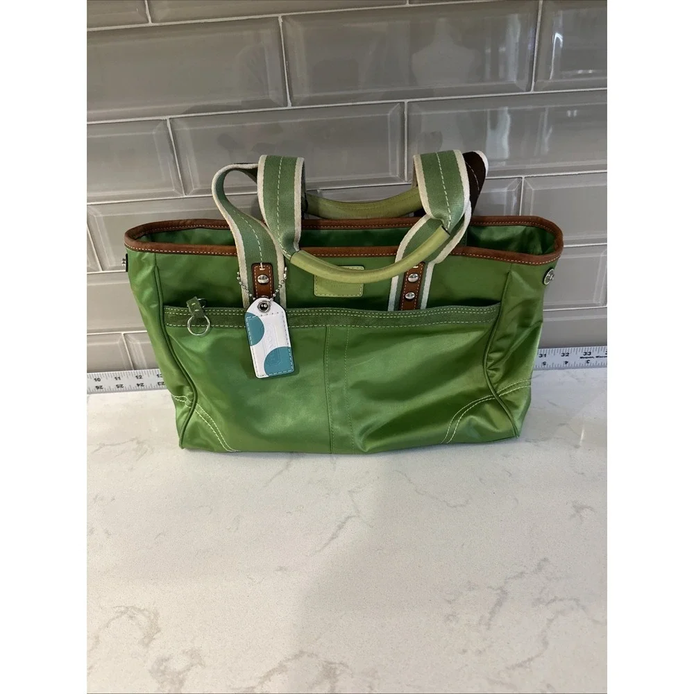 Coach Hampton Green Sateen Nylon Tote Bag Leather Trim Canvas Handles W Charm